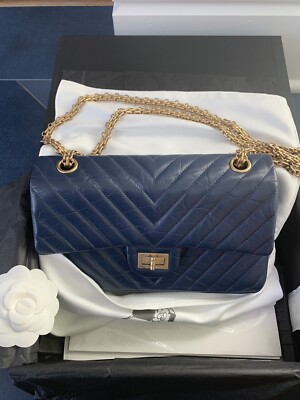 CHANEL Medium Classic 2.55 Reissue Double Flap Bag Navy Blue Chevron 18A receipt
