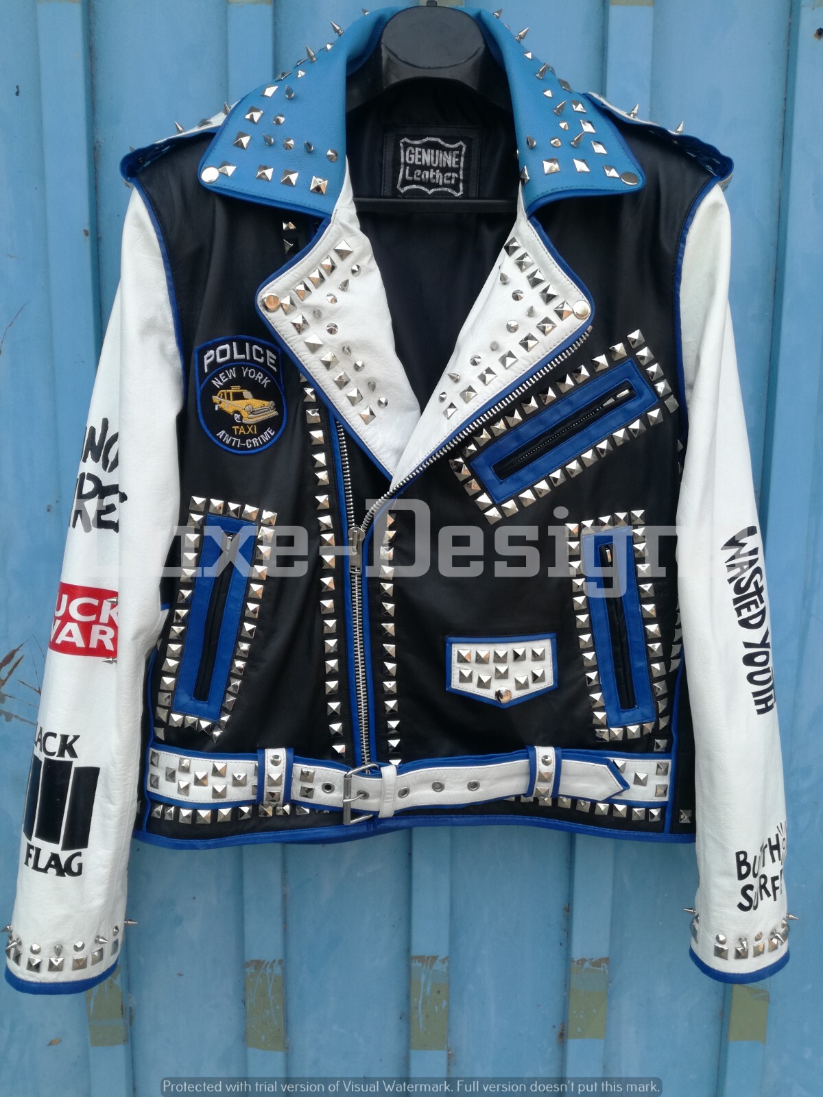 Pre-owned Handmade Men's Punk Wasted Youth Exploited Spiked Studded Logos Biker Leather Jacket In Black