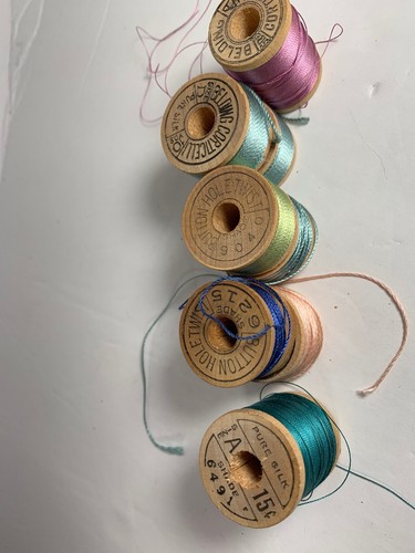 Lot 7 Vintage SILK thread Aqua Assort wood spool BELDING CORTICELLI button twist