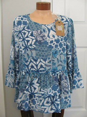 FLINT & MOSS BLOUSE TOP SHIRT WOMEN'S SIZE M  BELL SLEEVES BLUE FLORAL NWT