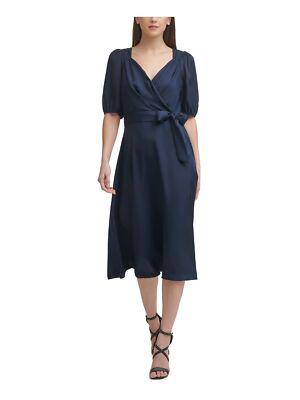 

Женское темно-синее платье DKNY с завязками и поясом, пуфом и рукавами ниже колена, облегающее + расклешенное платье, Navy