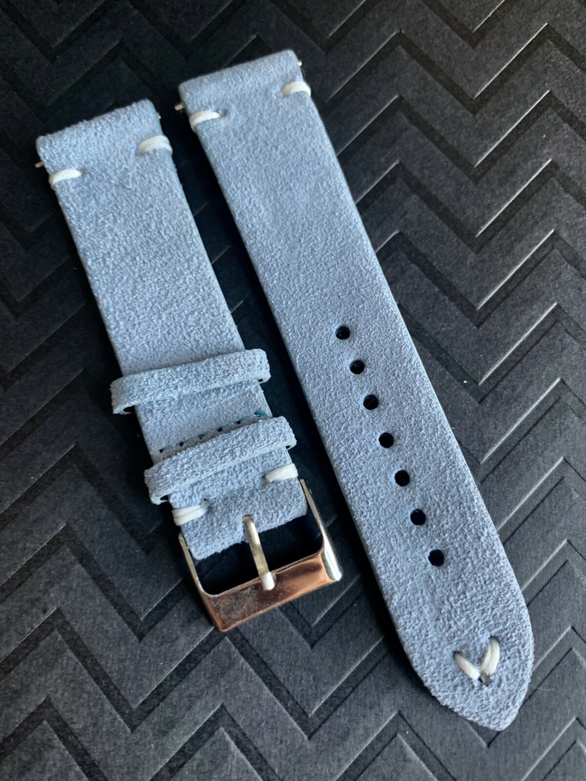 20mm Lt. Blue Handmade Vintage Suede Leather watch band strap WHITE stitch