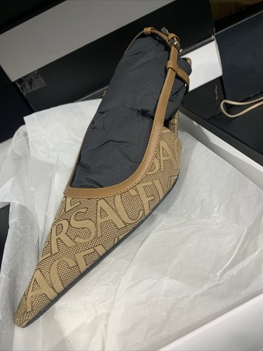 Pre-owned Versace Greca Beige Logo Slingback Kitten Heel In Box Size 36