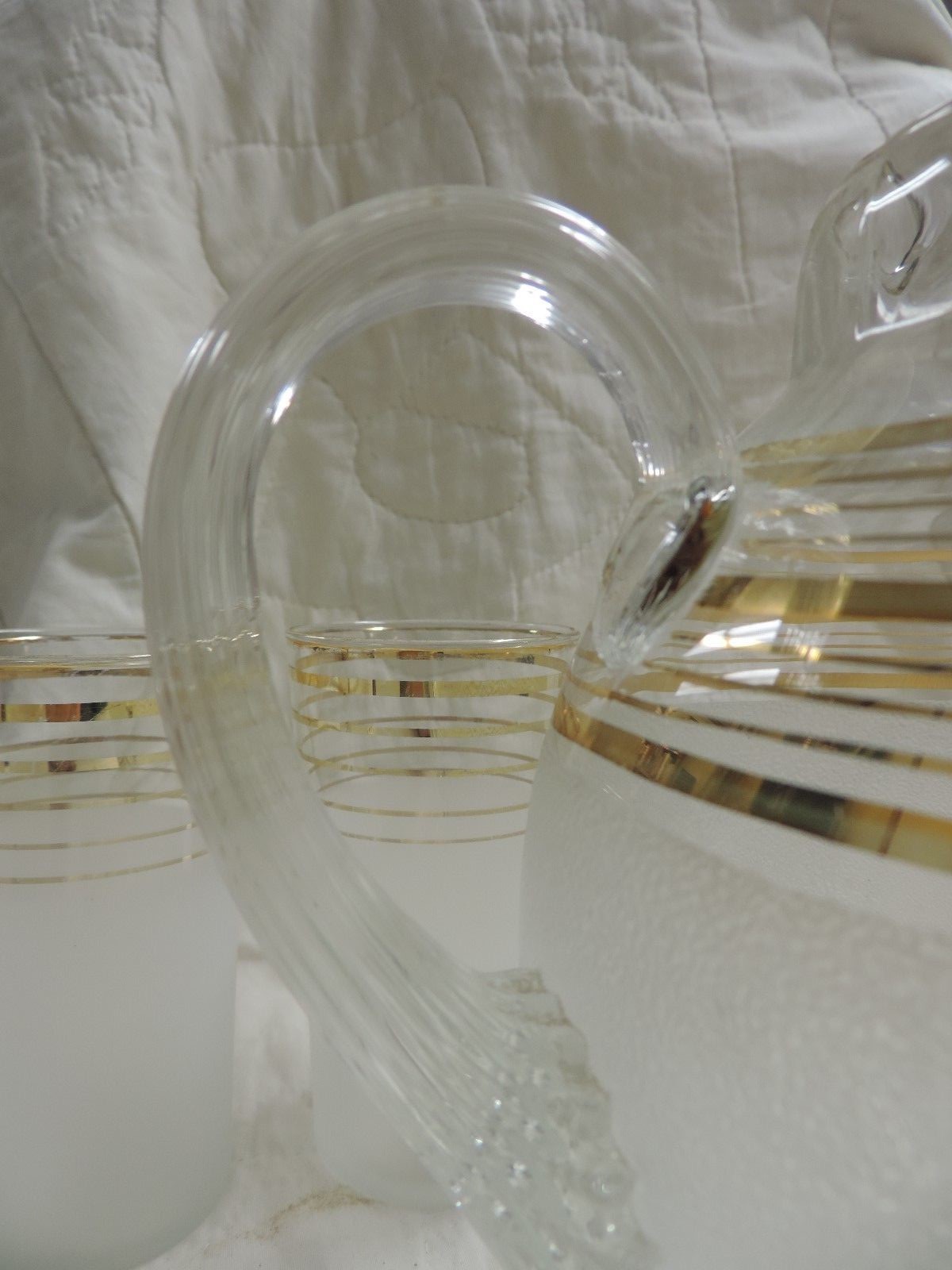 Vintage Frosted Clear Ball Pitcher Gold Accents With 10 Frosted Glasses