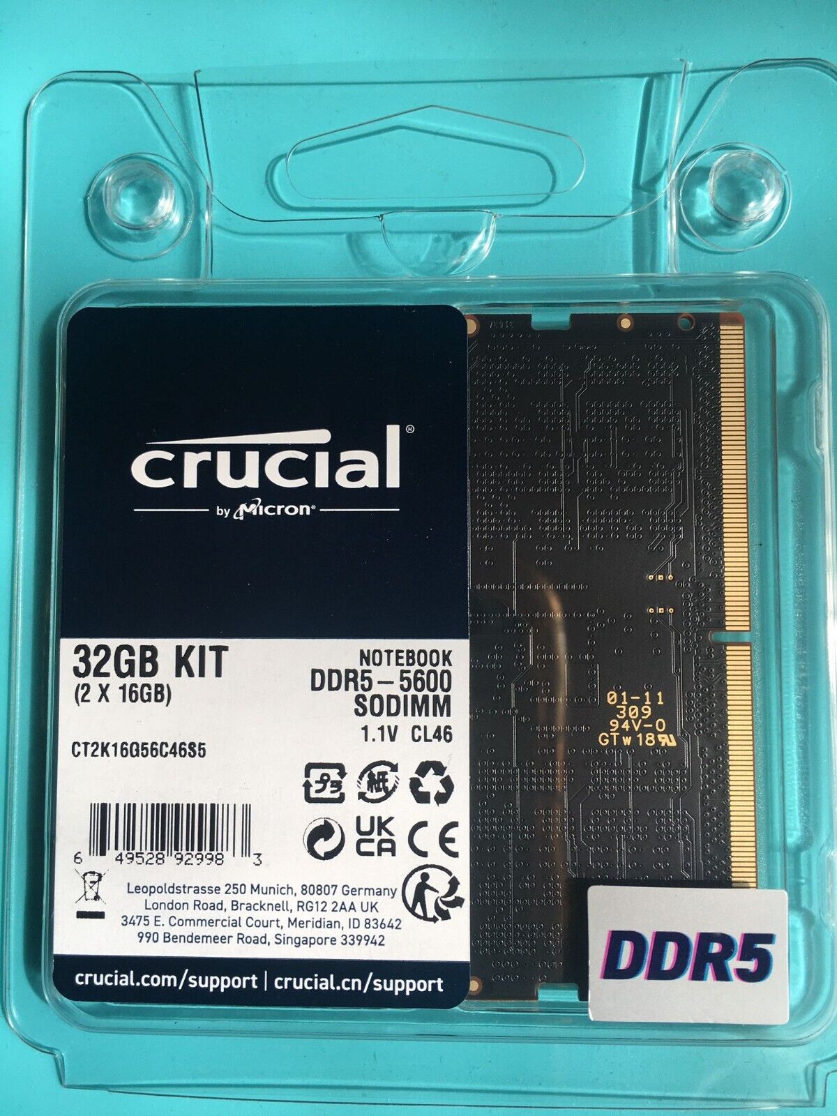 Crucial 32GB Kit (2x16GB) DDR5 5600 PC5 44800 Laptop Memory CT2K16G56C46S5 Crucial 32GB Kit (2x16GB) DDR5 5600 PC5 44800 Laptop Memory CT2K16G56C46S5