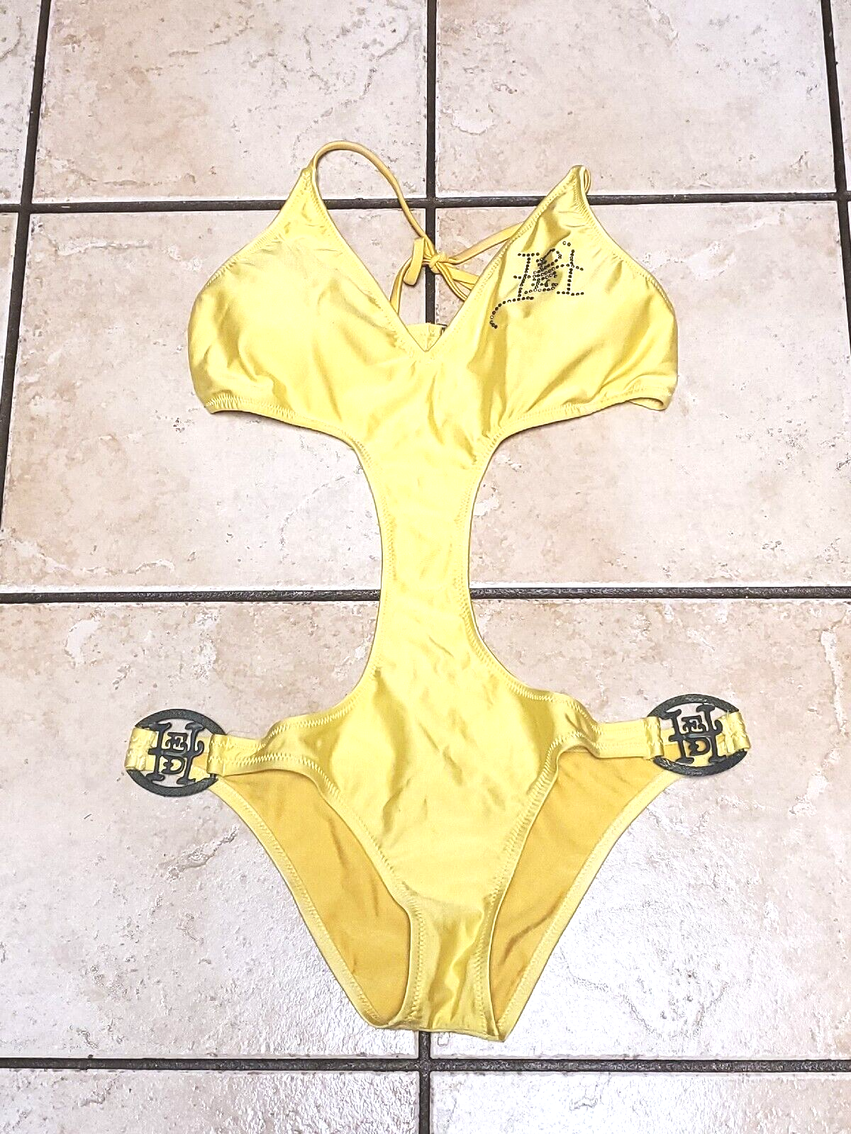 ED Hardy 1 Piece Bathing Suit Swimwear Rhinestones Yellow and Stunning!! SZ M