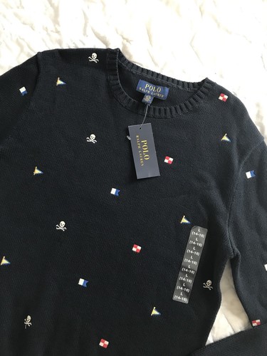 NEW Polo Ralph Lauren Boys Skull And Bones Flag Crew Sweater L Large 14-16 NWT