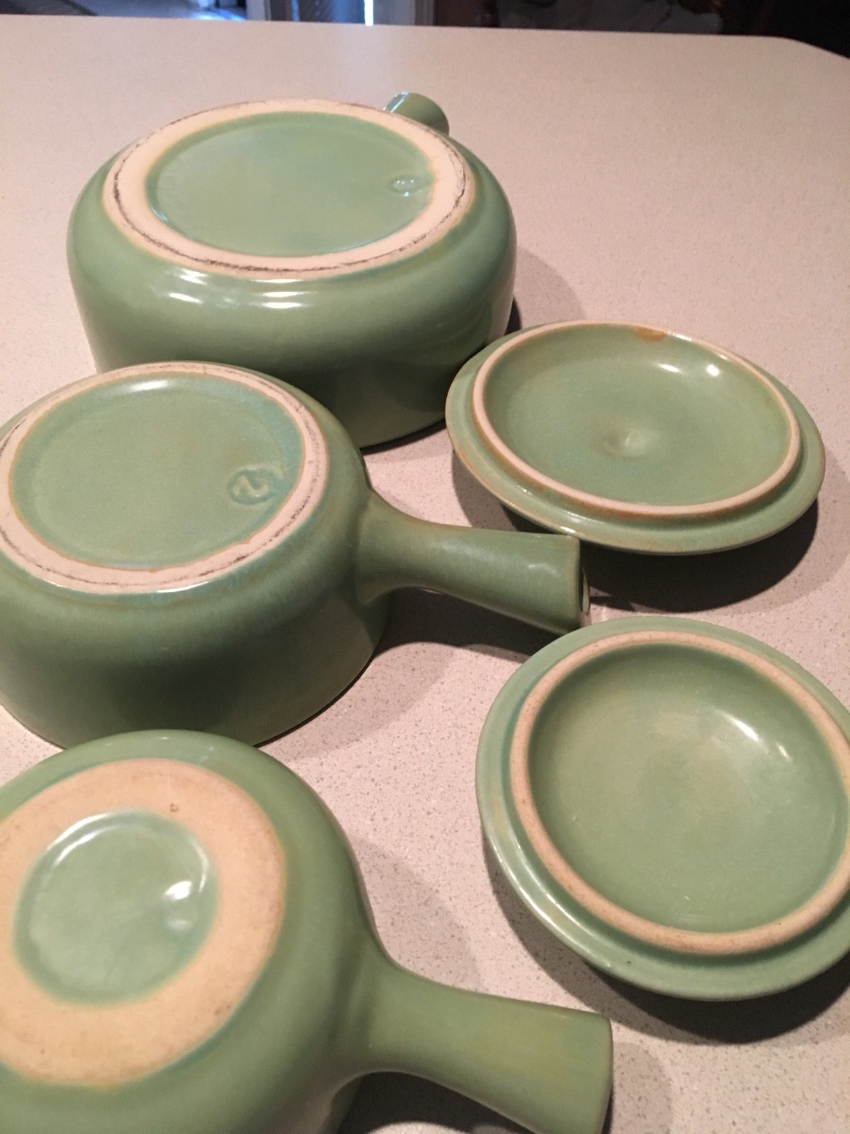LA SOLANA POTTERY SOUP CASSEROLE CROCK GREEN/JADE 3 CROCKS WITH TWO LIDS
