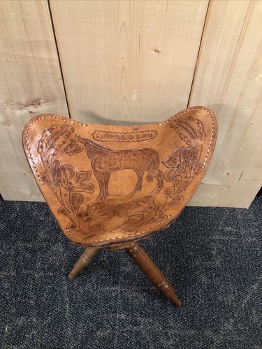 Vintage Nicaragua Hand Tooled Leather & Wood Tripod Chair
