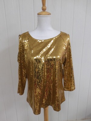 Bold Elements Size Medium Gold Sequined Arm Cutout Blouse Top