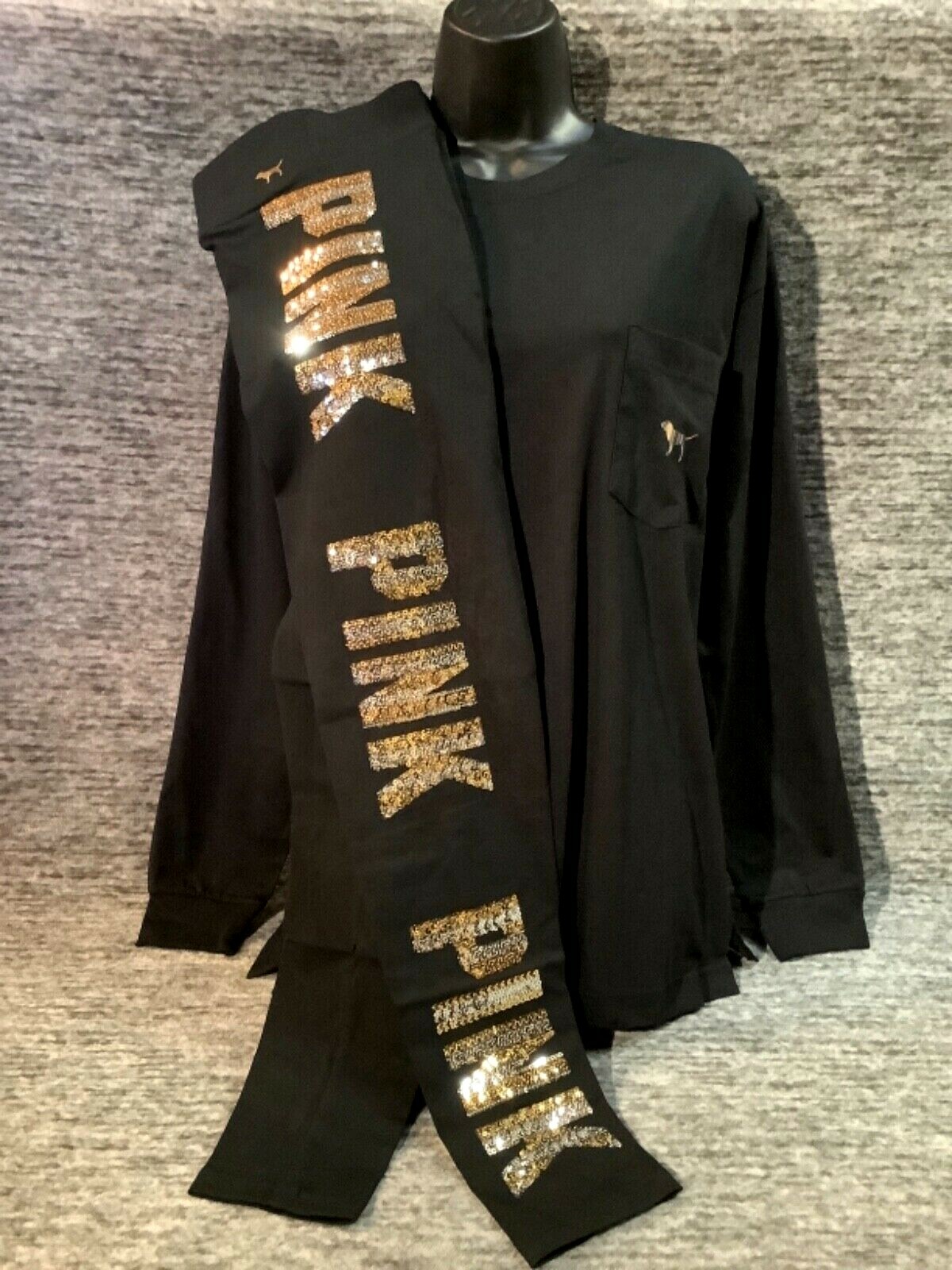 Pre-owned Victoria's Secret Pink Bling Campus Tee Shirt + Leggings Set Black Dog Logo M