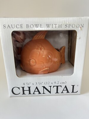Chantal Orange Stoneware Fish Shaped 1 1/2 Cup Sugar / Sauce Bowl Spoon Ladle