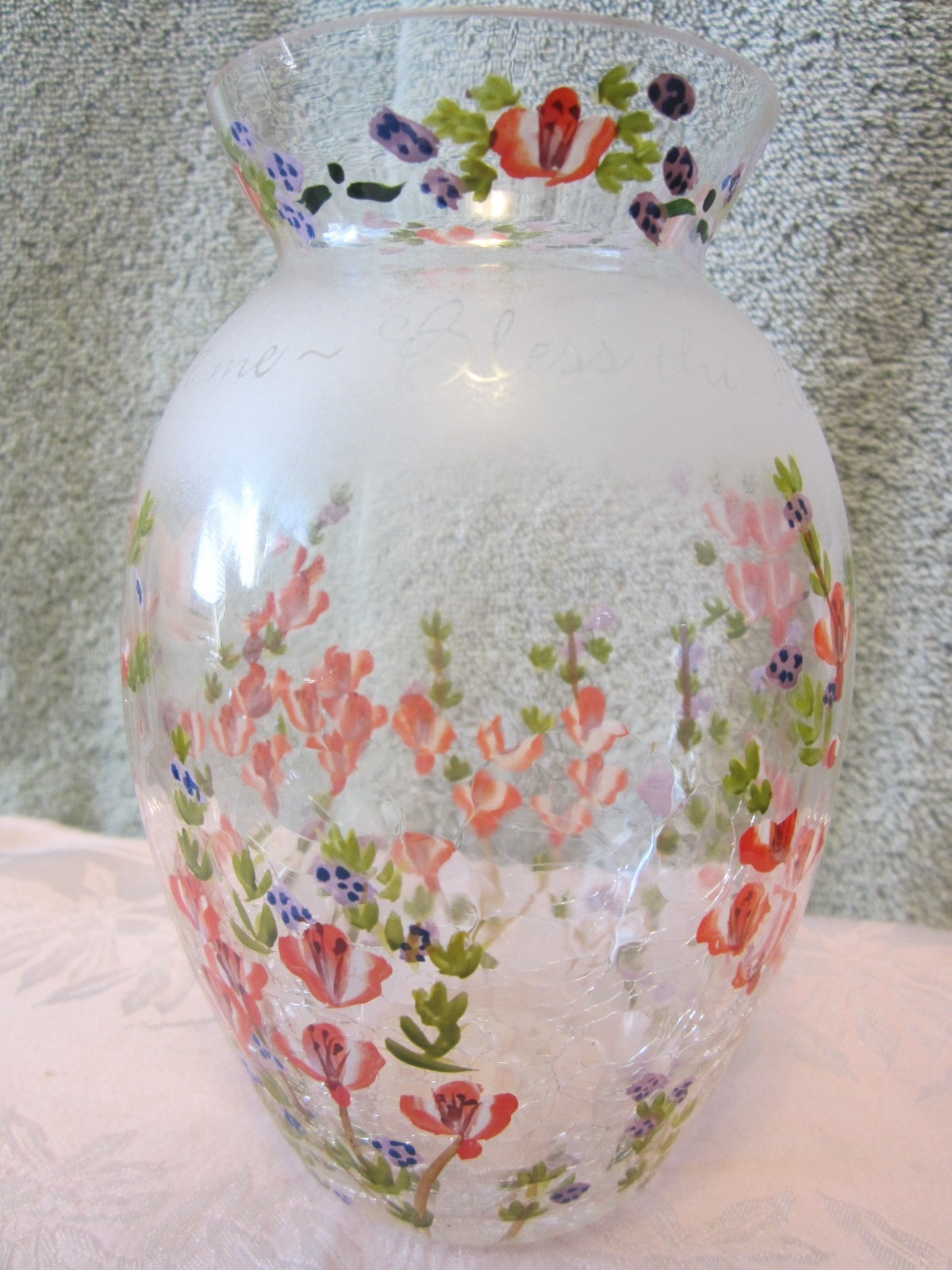 Hand Painted Flowers & Hummingbirds Clear Crackle Glass Vase, 
