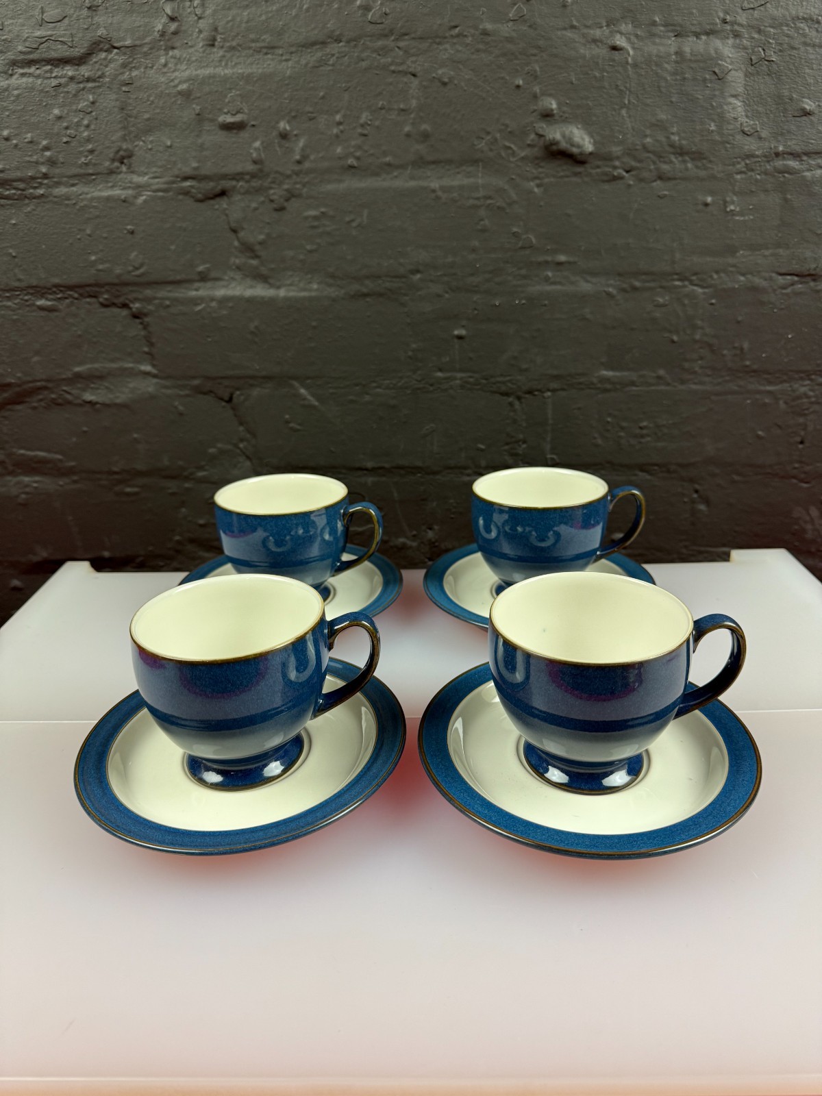 4 x Denby Boston Blue Tea Cups and Saucers 2nd Quality Set