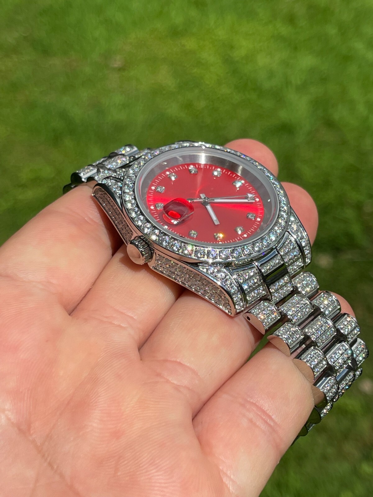 Pre-owned Harlembling Men Red Dial Presidential Real Ss 41mm Watch Fully Iced 12ct Flooded Out Cz