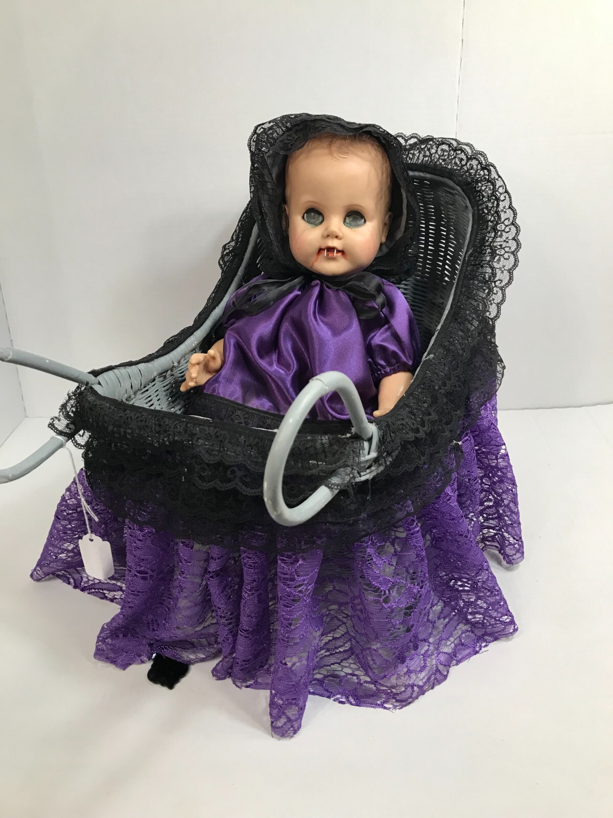 Vintage Creepy Scary Baby in Carriage Doll Halloween Vampire Prop Horror Haunted