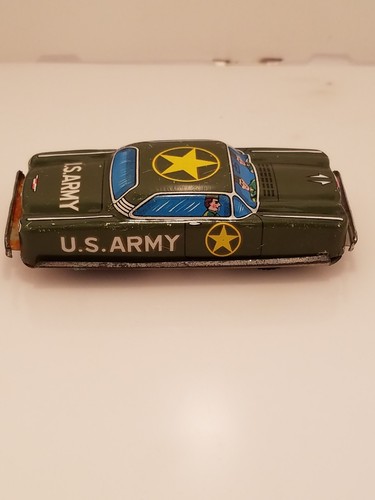 Vintage Japan Tin Litho Friction U.S. Army Car Green Military Soldier War Toy