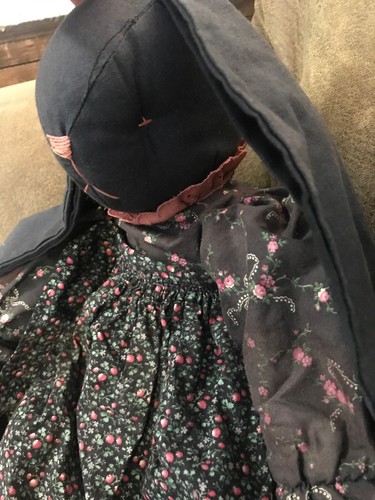 Vintage Floppy Ear Black Bunny Rabbit Handmade Stuffed Doll W/ Country Outfit