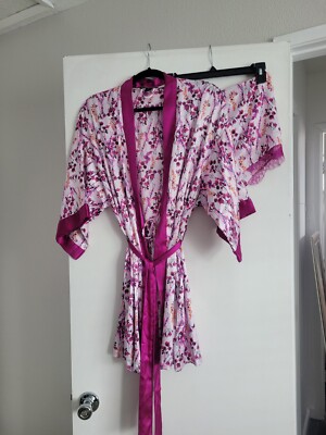 Vintage Victoria s Secret Floral Satin Kimono Robe and Matching Shorts 