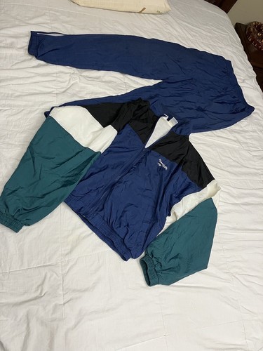Vintage 90s Reebok windbreaker Track Suit Blue Green White Black Size Large