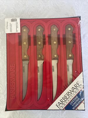 4 VTG FARBERWARE Professional Steak Knives Wooden Handles  NOS Full-Tang 9''