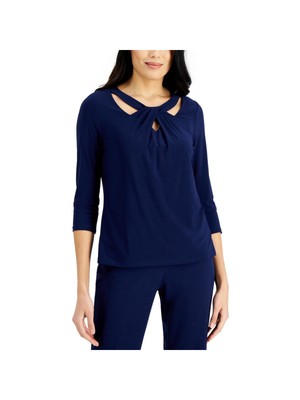 

KASPER Женский темно-синий пуловер с витыми деталями и рукавами 3/4 с круглым вырезом плюс, Navy