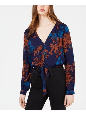 

Женский топ SAGE темно-синего цвета с принтом на завязках и длинными рукавами и V-образным вырезом, Navy