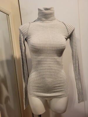NWT, NSF Stretchy Striped Light Gray Turtleneck Top Sz XS/P w/Intermix Tag USA