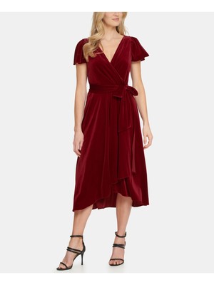 

DKNY Женское красное вечернее платье миди с бархатными рукавами и развевающимися рукавами DKNY, Красный