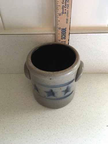 4” Rowe Pottery Salt Glaze Handled Crock with 3 Cobalt Stars, 1995 Nice!