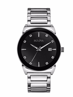 Bulova Men39s 96D121 Diamond Accents Quartz Black Dial Silver Bracelet Watch