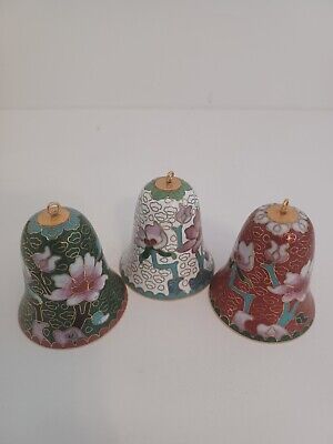 CLOISONNE ENAMEL BELLS by Lillian Vernon Set of 3 Ornaments Original Box Vtg