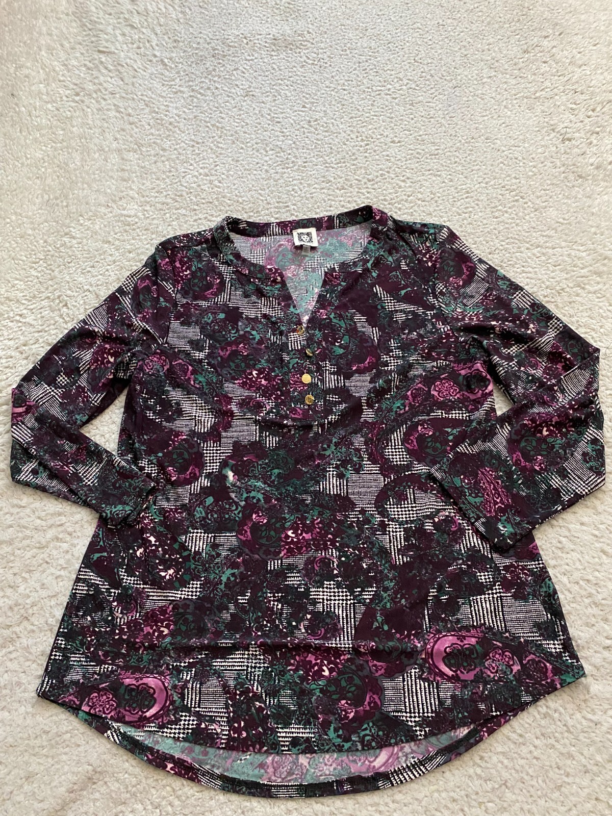 MICHI  Anne Klein Women Paisley Long Sleeve Henley Blouse Multicolor Size