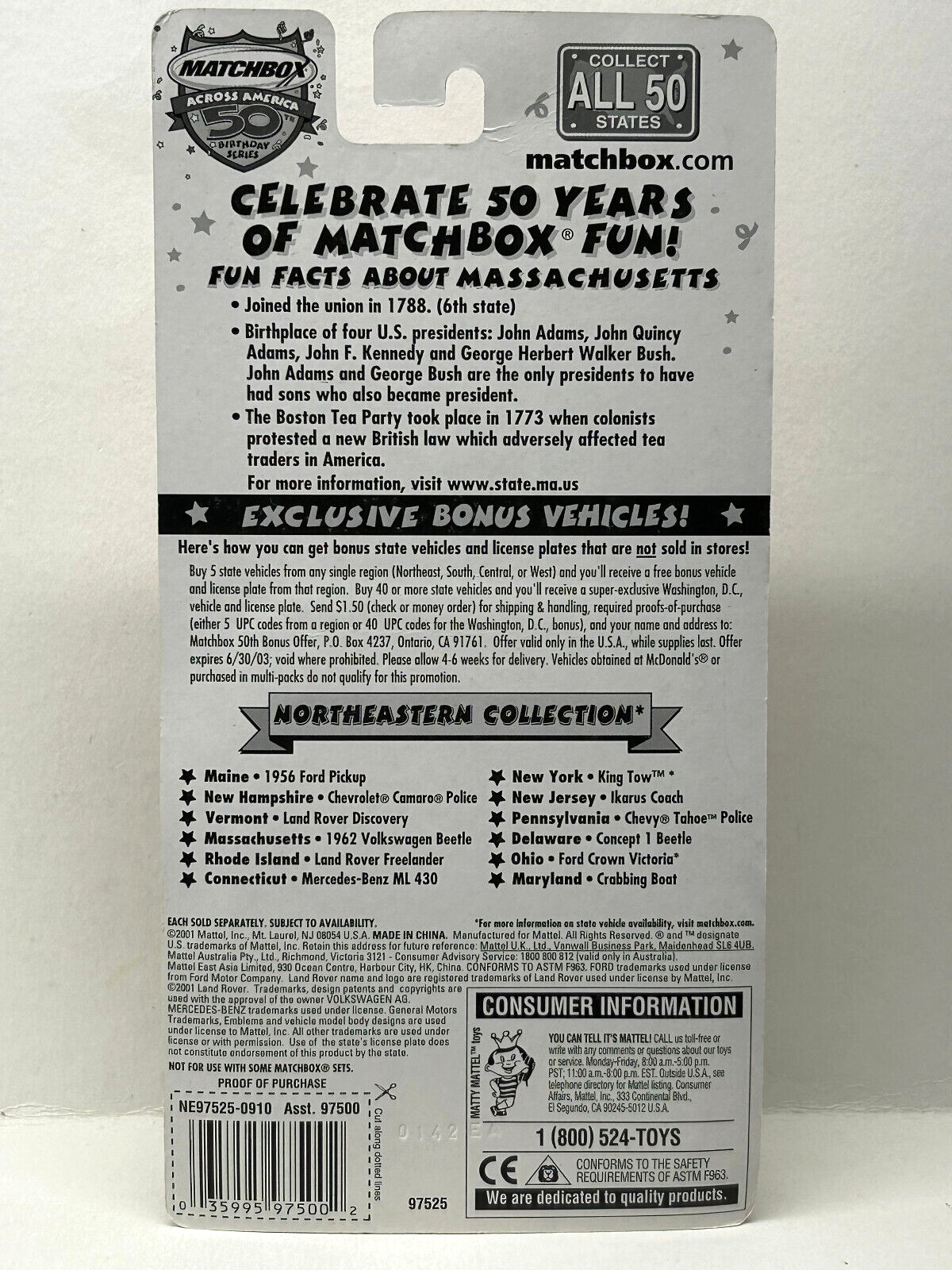 Matchbox 2001 Across America 50th Birthday Massachusetts 1962 VOLKSWAGON BEETLE