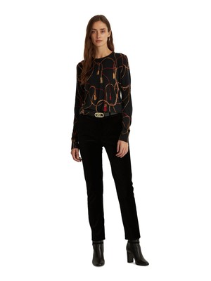 

Женский черный свитер с круглым вырезом и длинными рукавами RALPH LAUREN с принтом на работу