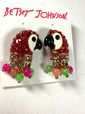 Betsey Johnson Earrings Pierced Parrot Head Bird Tropical Red Bead Dangle