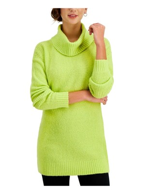 

СТИЛЬ И КОМПАНИЯ Женский зеленый вязаный свитер-туника с длинным рукавом и воротником-хомутом
