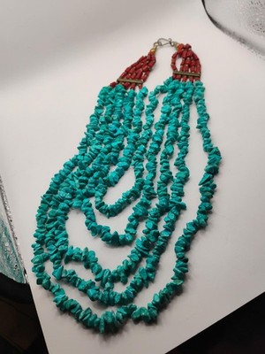 Silver Beaded Turquoise & Red Coral 5 Strand Bib Cascade Waterfall Necklace 18"