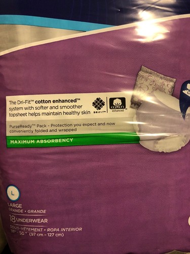 Prevail Adult Underwear PurseReady, LARGE, Pull On, New Unopened Pack of 18