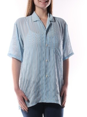 

GOLDEAGLE Женский светло-голубой полосатый топ с короткими рукавами и воротником с карманами Размер, Light blue