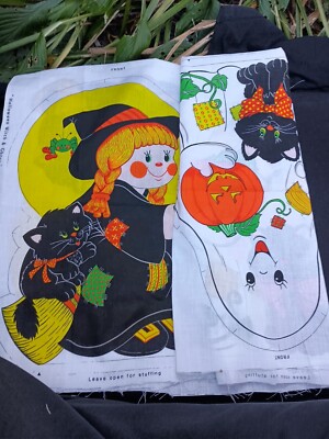 Vintage Halloween Cut And Sew Pillow Ghost And  Witch Pumpkin Fabric Panel