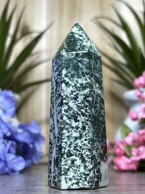 TREE AGATE TOWER- Mineral Point Green Moss Reiki Chakra Meditation Crystal Decor