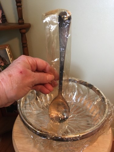 9”SILVER PLATED & CRYSTAL  BOWL & SPOON-VINTAGE NEW