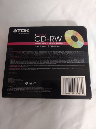 New 5-Pack TDK CD-RW 80 Min 700MB Music CD-RW 1X To 4X Slim Case, Audio Blank