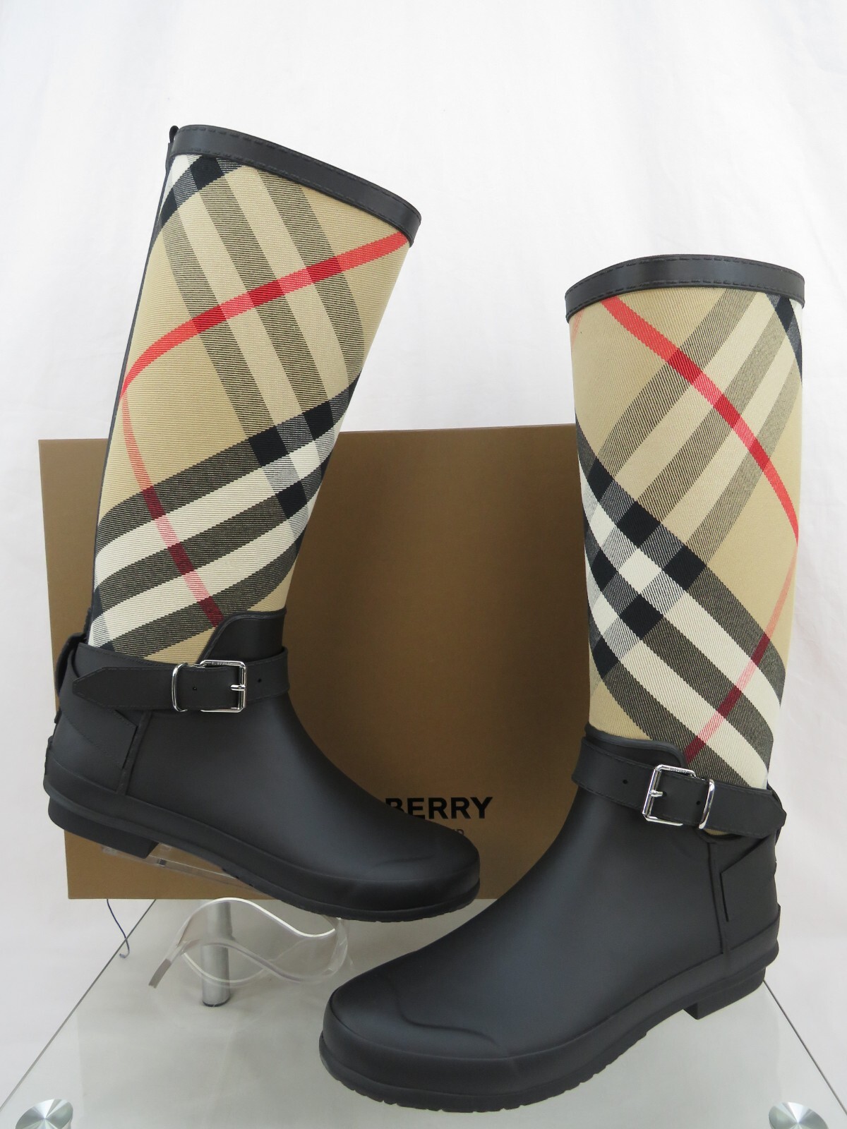 Pre-owned Burberry Simeon Black Rubber Beige Check Logo Knee High Rain Boots Us 10 Eu 40