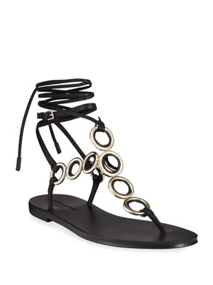

SAINT LAURENT Женские кожаные сандалии Black Tie Metallic Sienna с круглым носком, Черный, 6505372O5JJ