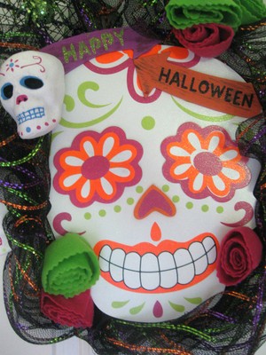 Halloween Wreath Black Green White Sugar Skull Skeleton Spider 21