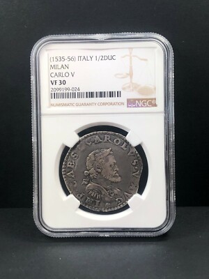 1535 - 1556 Italy Milan 1/2 Ducaton, NGC VF 30, Exceedingly Rare, Unlisted