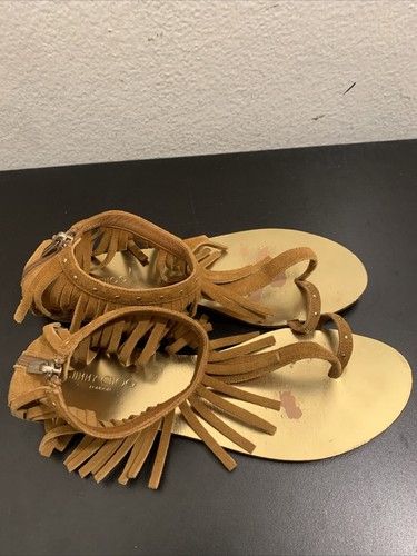Jimmy Choo Brown Studded Fringe Suede Ankle Wrap Toe Ring
