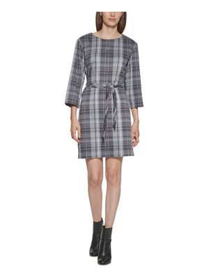 

CALVIN KLEIN Женское серое пуловерное платье в клетку с рукавом 3/4, короткое прямое платье, Серый